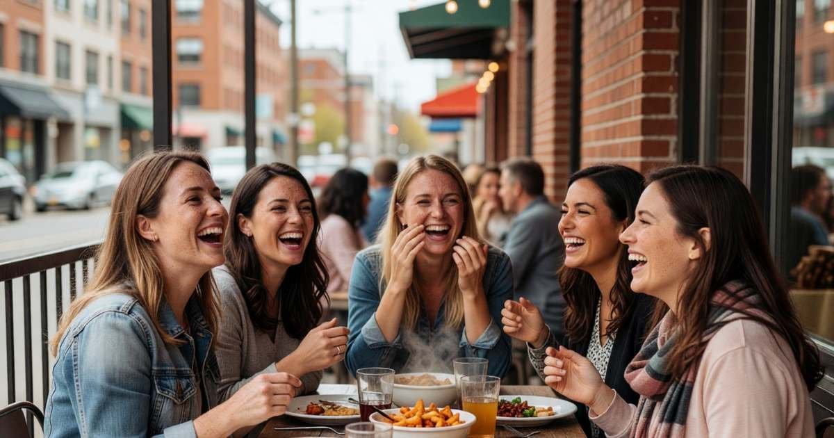 A group of women in their late twenties laughing around a table at a casual bachelorette dinner, illustrating bachelor and bachelorette party costs and fair splits.