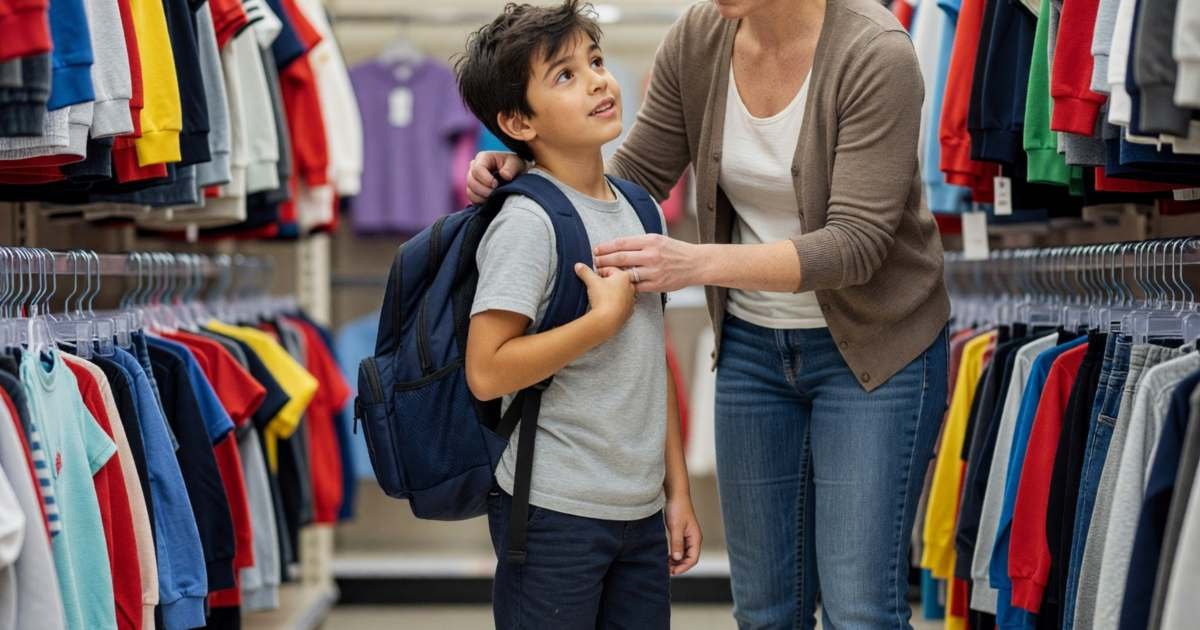 A mother and her son trying on a new backpack and sneakers in a store aisle in late August, illustrating back-to-school clothing on a budget.