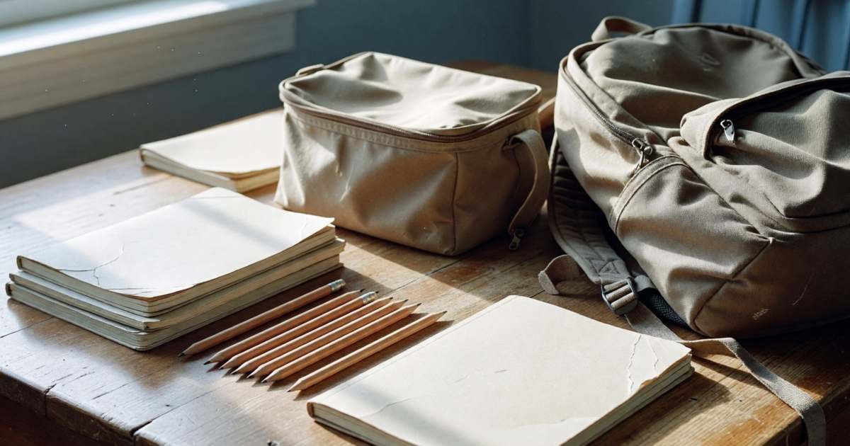 New school supplies laid out on a kitchen table, pencils, notebooks, a lunch bag and a backpack, illustrating back-to-school costs in Canada.