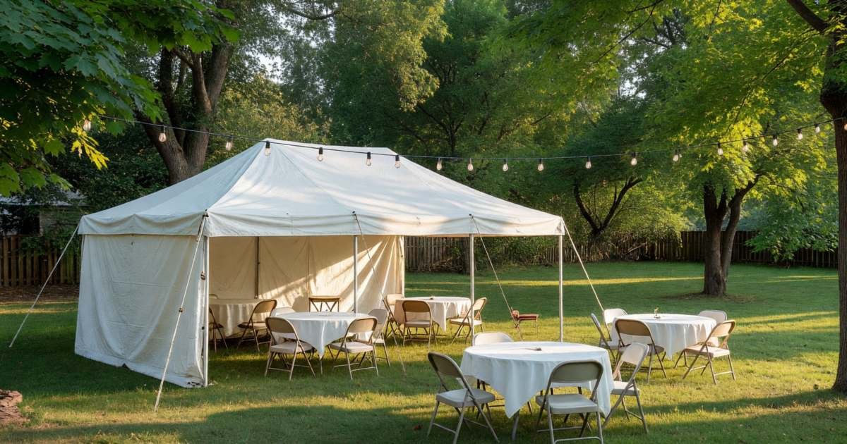 A white rented tent set up in a large backyard with round tables, chairs and string lights, illustrating backyard weddings, tent permits and hidden costs.