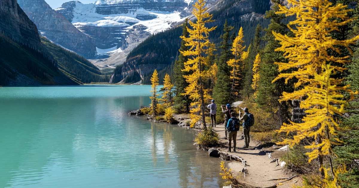 Turquoise Lake Louise with mountains and a few hikers on the shoreline trail, illustrating Banff and Jasper on a budget.