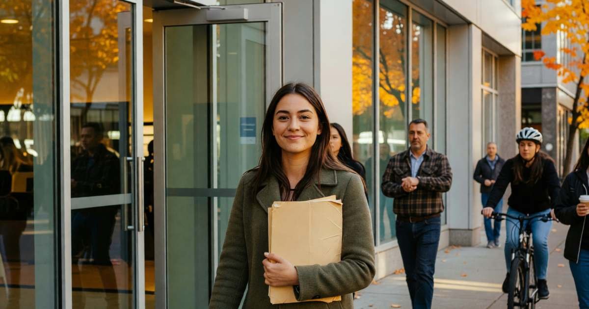 A young woman walking out of a bank branch onto a downtown sidewalk with a satisfied smile, folder under her arm, illustrating capturing Canadian bank switching bonuses.
