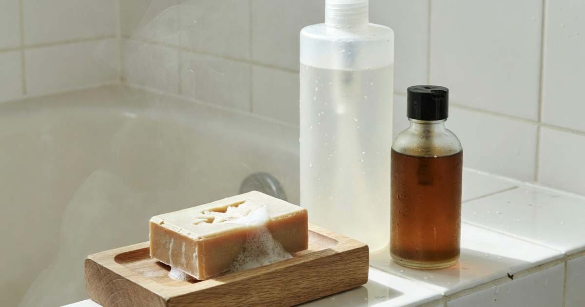 A bar of soap on a wooden dish, a pump bottle of body wash and a small bottle of shower oil on a bathtub ledge, illustrating bar soap versus body wash versus shower oil cost per shower.