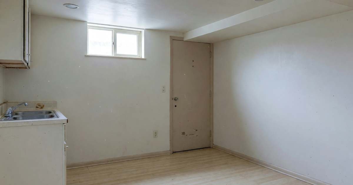 An empty basement suite with a low ceiling, a small window near the ceiling, a compact kitchenette and a separate side entrance door, illustrating vetting a Canadian basement suite before renting.