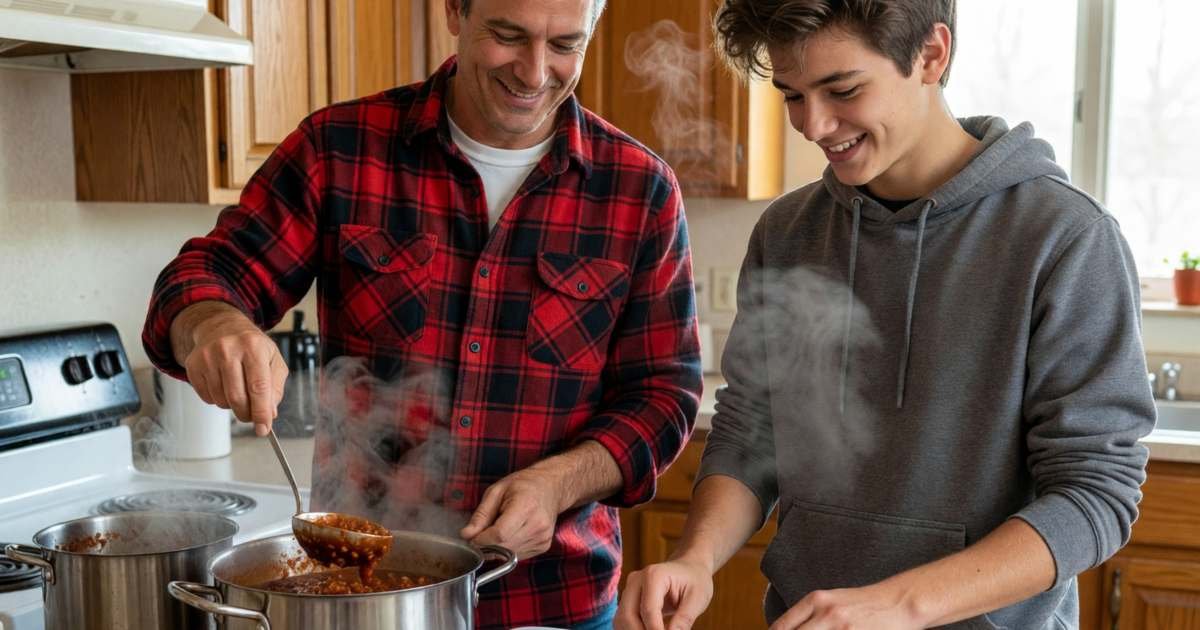 A father ladling chili into a row of freezer containers while his teenage son snaps on the lids, illustrating batch cooking freezer meals that beat takeout prices in Canada.