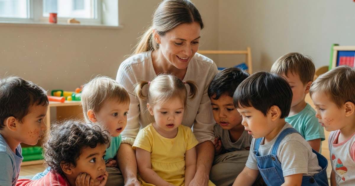 A child care educator reading a picture book to a small group of toddlers on a rug, illustrating BC $10-a-day child care and fee reductions.