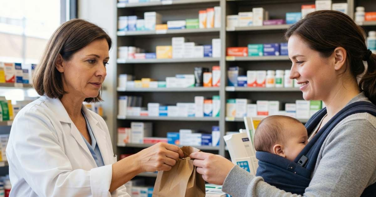 A pharmacist in a white coat handing a small paper bag to a mother with a baby in a carrier, illustrating BC Fair PharmaCare deductibles and family maximums.