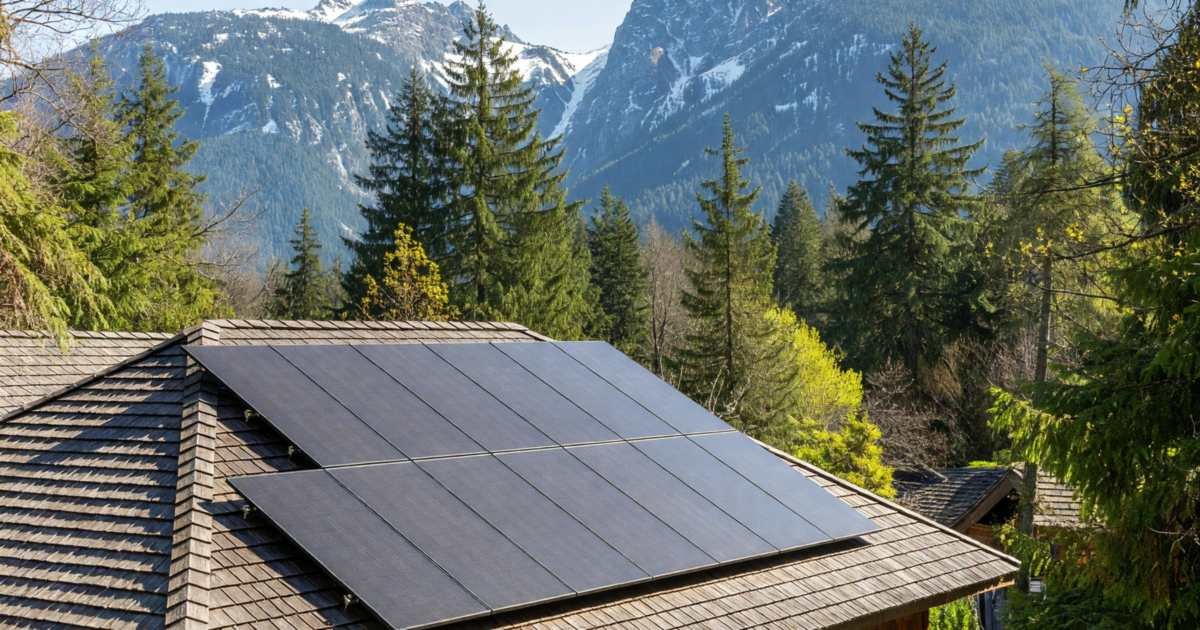 Solar panels on the roof of a cedar-shingled house with mountains behind, illustrating BC Hydro self-generation and home solar.