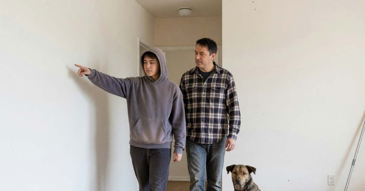 A landlord and a young tenant walking through an empty apartment together at move-out, the tenant pointing at a clean wall, illustrating B.C. security and pet deposits and getting them back.