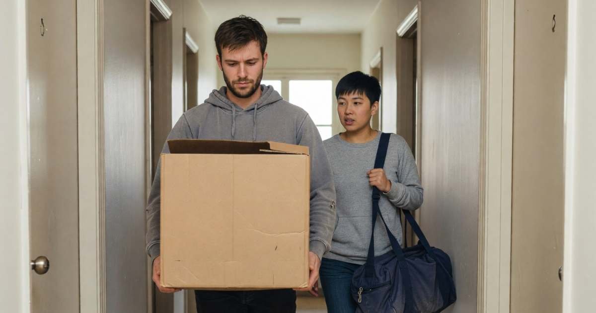 A young man carrying a moving box out of his apartment while a new tenant holding a duffel bag waits in the hallway, illustrating subletting or assigning a B.C. lease to leave early.