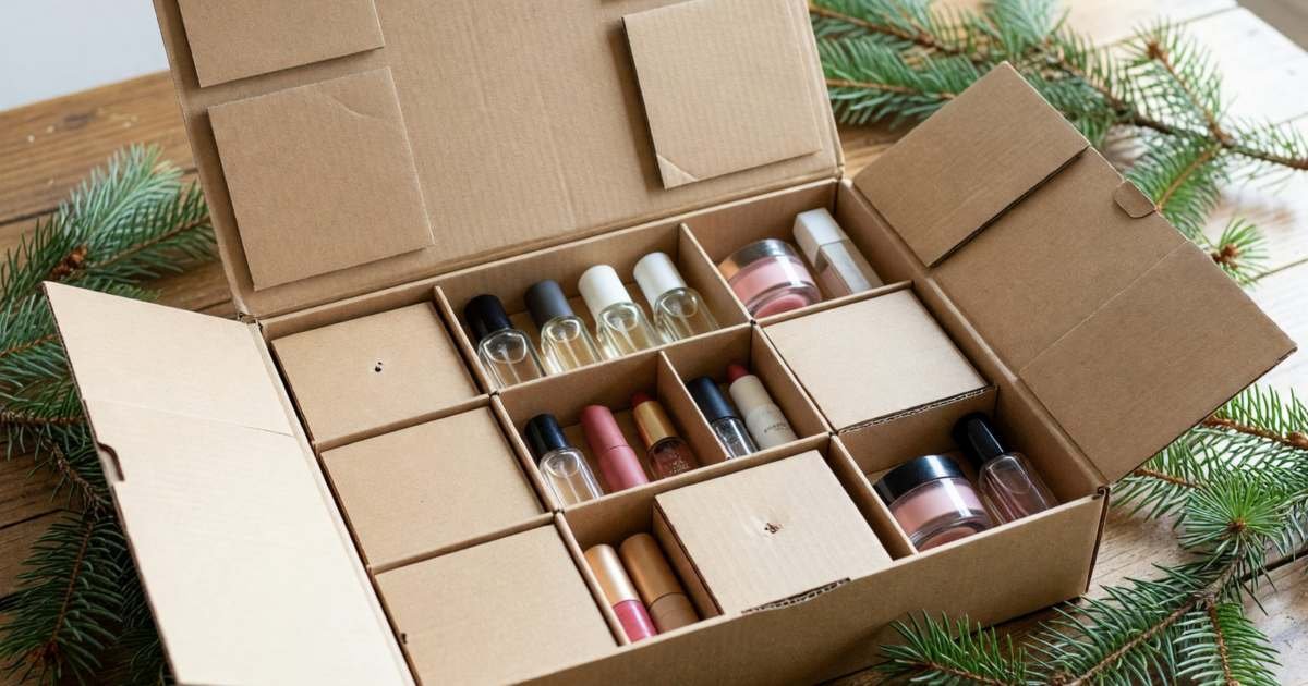 An opened beauty advent calendar box with small numbered-looking doors replaced by plain doors, minis inside, illustrating beauty advent calendars and holiday gift sets.