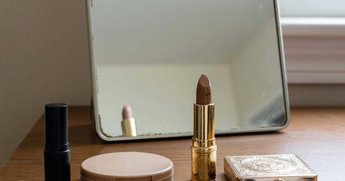Two similar lipsticks and two compact powders side by side on a vanity, one set plain and one fancier, illustrating beauty dupes without buying counterfeits.