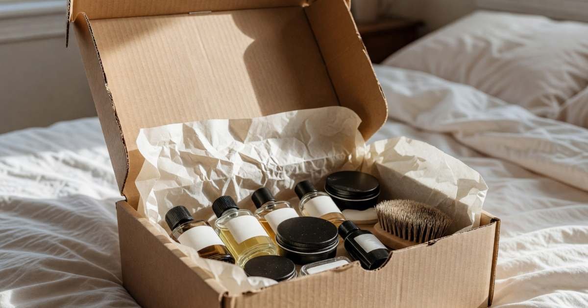 An open subscription box of small grooming products in tissue paper on a bed, illustrating beauty and grooming subscription boxes.
