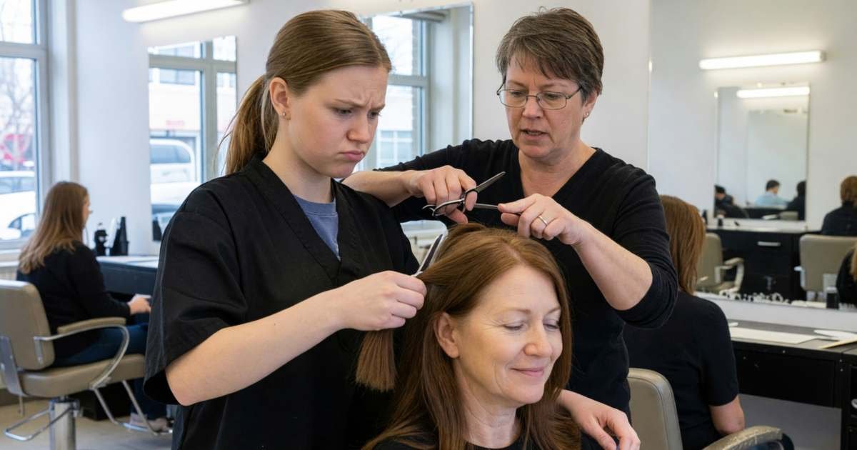 A student stylist cutting a client's hair under an instructor's supervision in a beauty school salon, illustrating beauty school and barber school discounts.