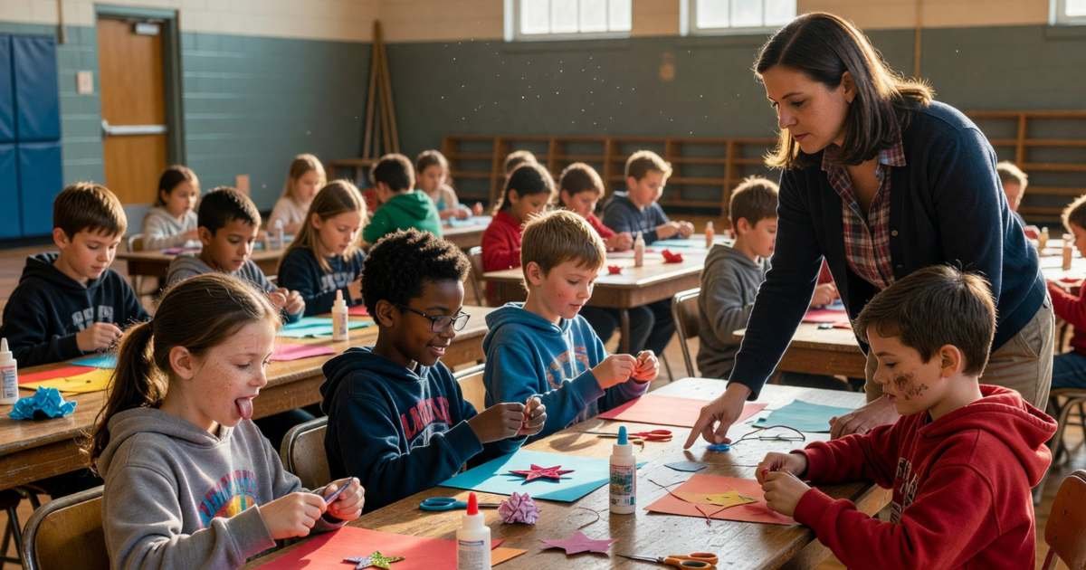 School-age kids doing crafts at long tables in a school gym after-school program, illustrating before- and after-school care costs.