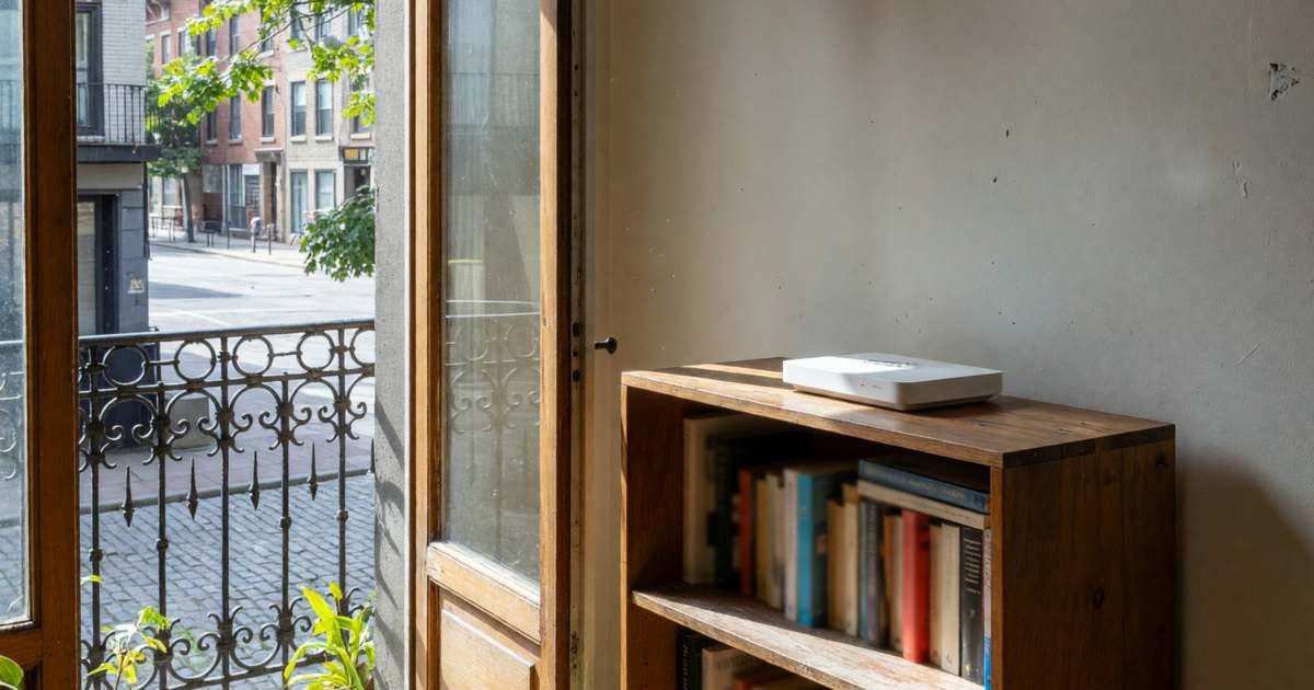 A Montréal living room with a plain white router on a bookshelf and a balcony door open to the street, illustrating Bell Fibe versus Videotron in Québec.