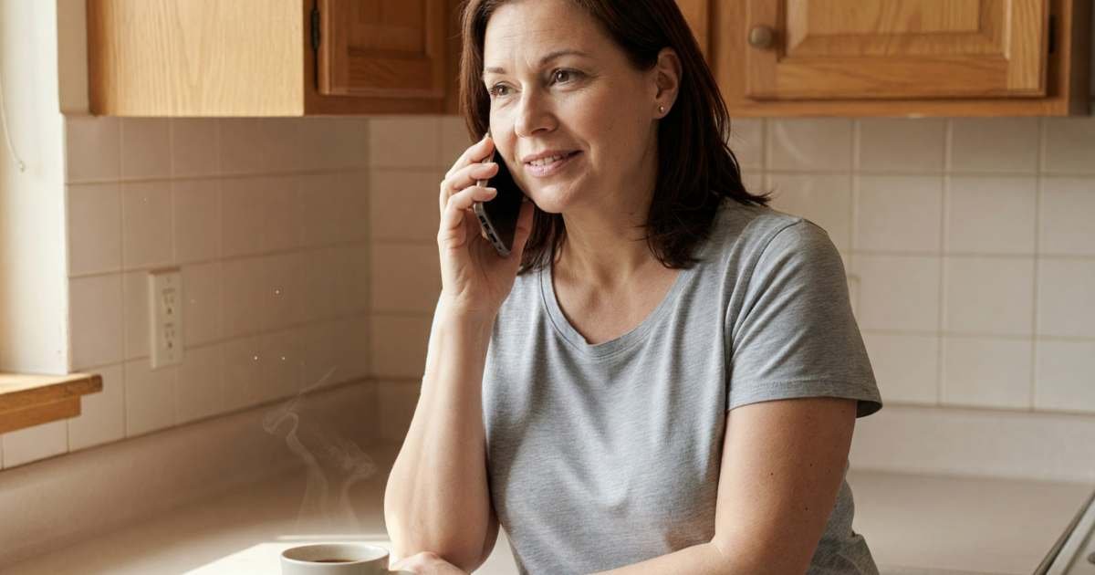 A woman on the phone in her kitchen, leaning on the counter and smiling slightly as she negotiates, illustrating a Bell Fibe winback call for credits and price locks.