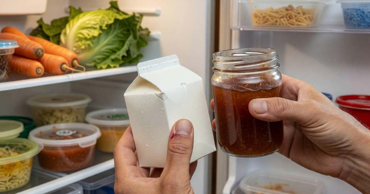 Close-up of hands holding a carton of yogurt and a jar of jam in front of an open fridge, deciding whether to keep them, illustrating best-before vs expiry dates in Canada.