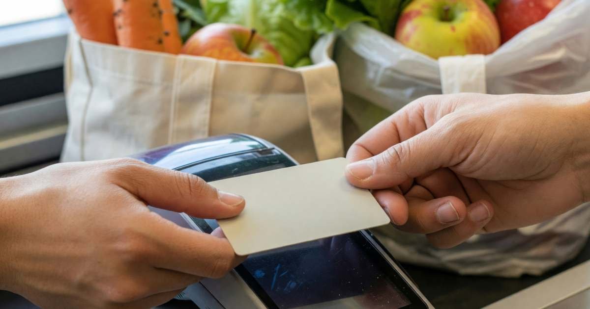 Close-up of a hand tapping a plain blank credit card on a payment terminal at a grocery checkout, illustrating choosing the best credit card for Canadian groceries.