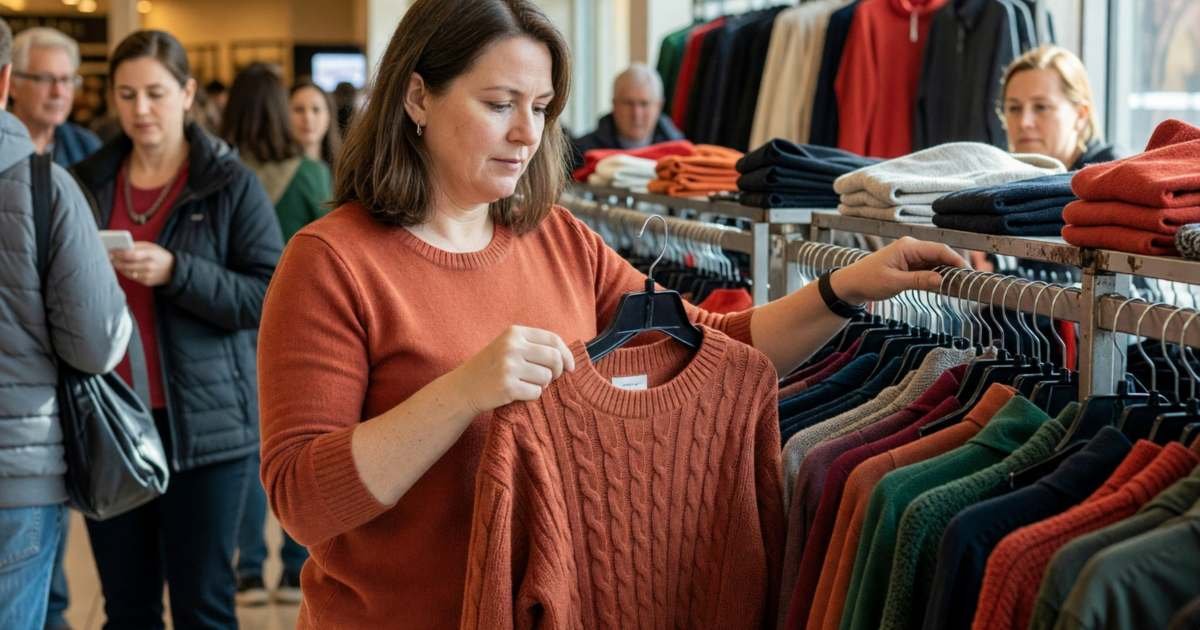 A woman in her forties flipping through a rack of discounted fall sweaters and jackets in a clothing store, illustrating the best time to buy clothes in Canada.