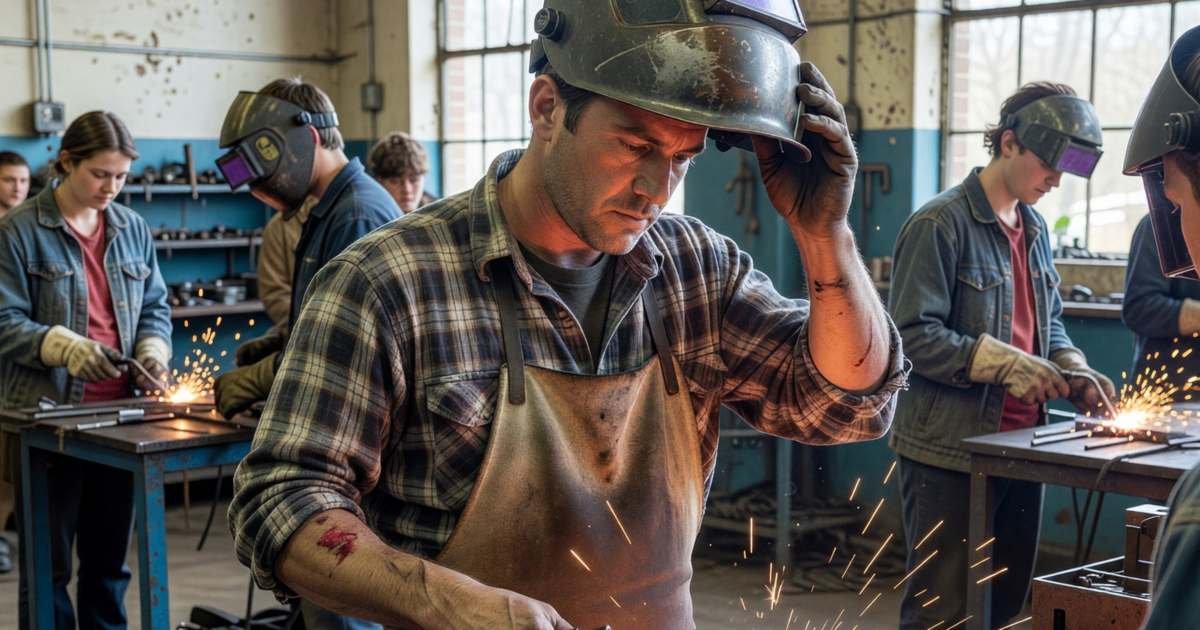 A man in his forties in a welding class, lifting his helmet to look at his work, illustrating Better Jobs Ontario retraining after a layoff.