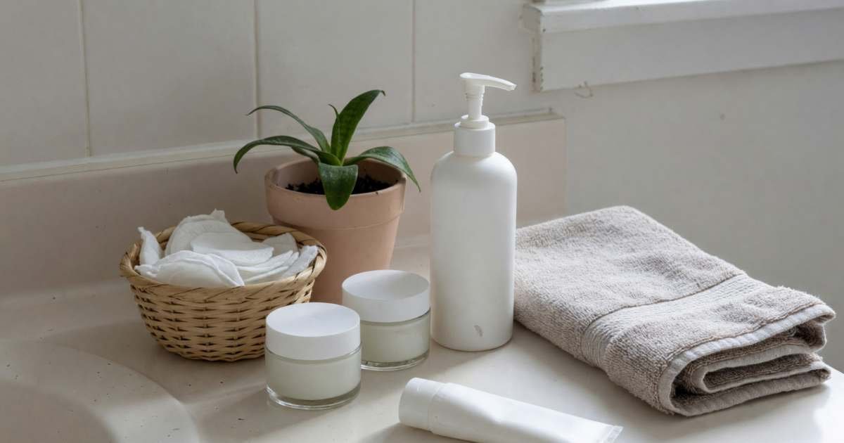 A bathroom counter with a few plain skincare jars, a pump bottle of moisturiser, a tube of sunscreen and a small basket of cotton pads, illustrating Black Friday and Boxing Day beauty deals worth stocking up on in Canada.