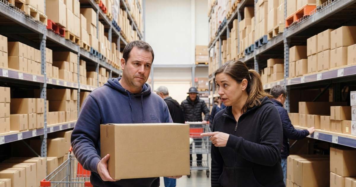 A couple in a store aisle looking doubtfully at a plain brown box the man is holding, the woman pointing at it, a shopping cart beside them, illustrating telling a real Black Friday deal from a fake discount in Canada.
