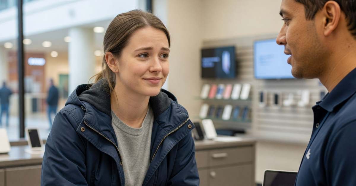 A young woman at a phone store counter listening to a sales associate explain a plan, looking sceptical but friendly, illustrating judging Black Friday phone plan deals in Canada.