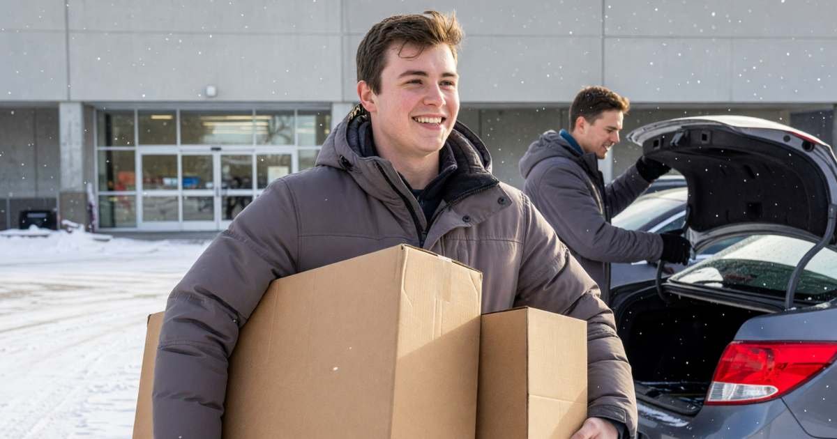 A young man carrying a large plain cardboard TV box and a small boxed pair of headphones out of an electronics store into a snowy parking lot, grinning, illustrating Black Friday vs Boxing Day for tech in Canada.