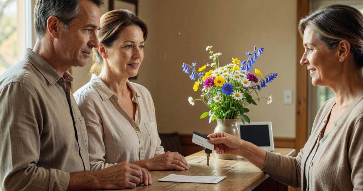 A couple checking in at a small hotel front desk, the clerk handing them a key card, illustrating booking a hotel direct versus through an OTA.