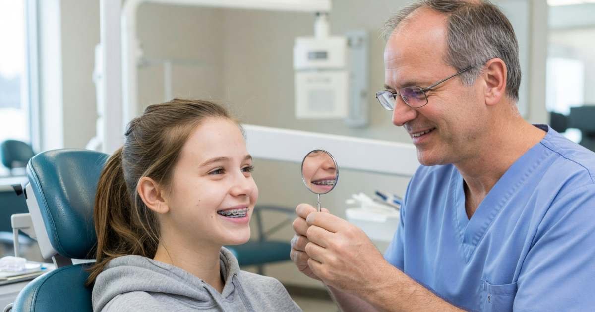 A smiling teenage girl with braces sitting in an orthodontist's chair while the orthodontist shows her a mirror, illustrating braces for kids and orthodontic costs in Canada.