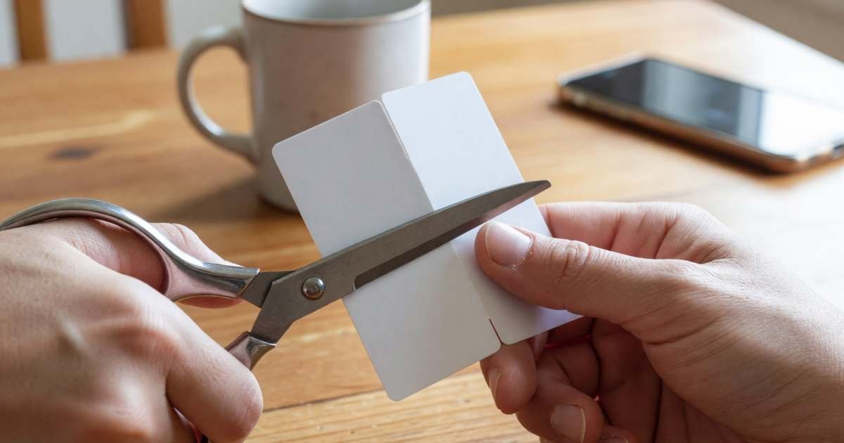 Close-up of hands using scissors to cut a plain blank credit card in half over a kitchen table, illustrating breaking the credit card revolve cycle in Canada.