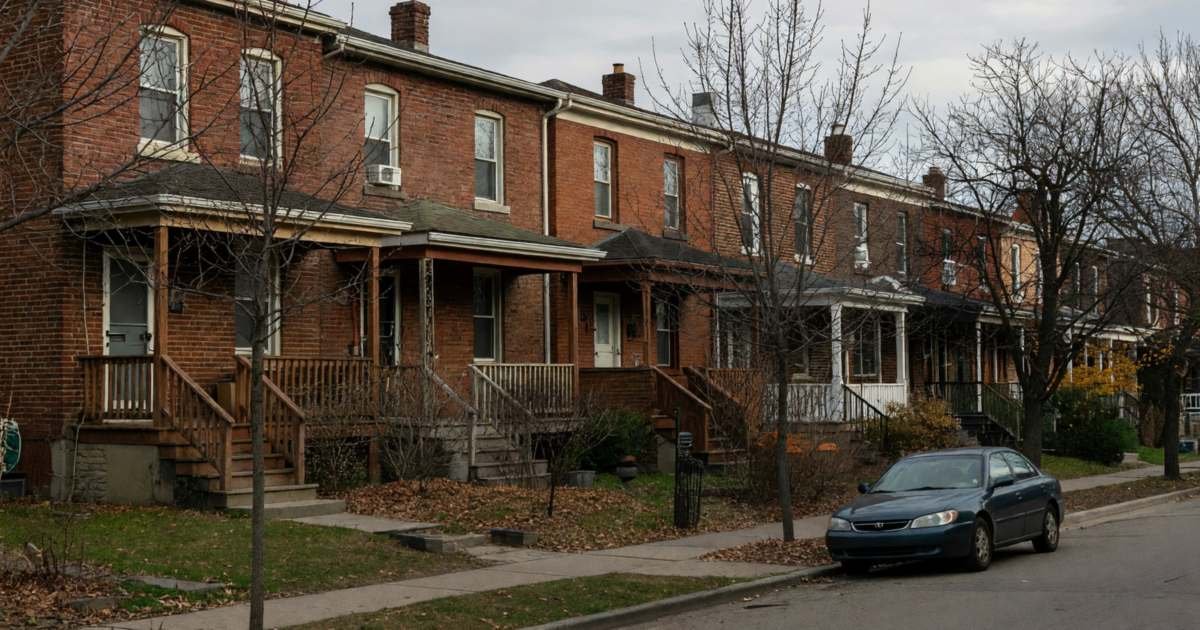 A row of narrow brick semi-detached houses with small front gardens on a quiet street, illustrating renting versus buying a home in Toronto.