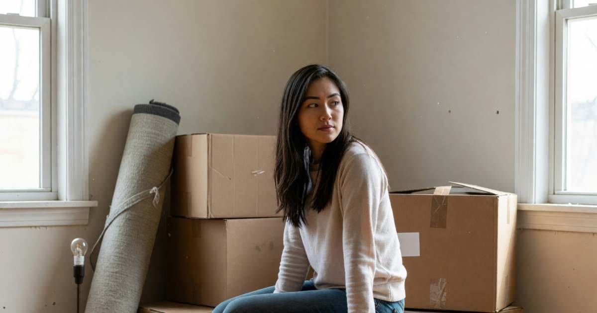 A young woman sitting on a packed moving box in a half-empty apartment, looking out the window thoughtfully, illustrating the cost of breaking a Canadian lease early.
