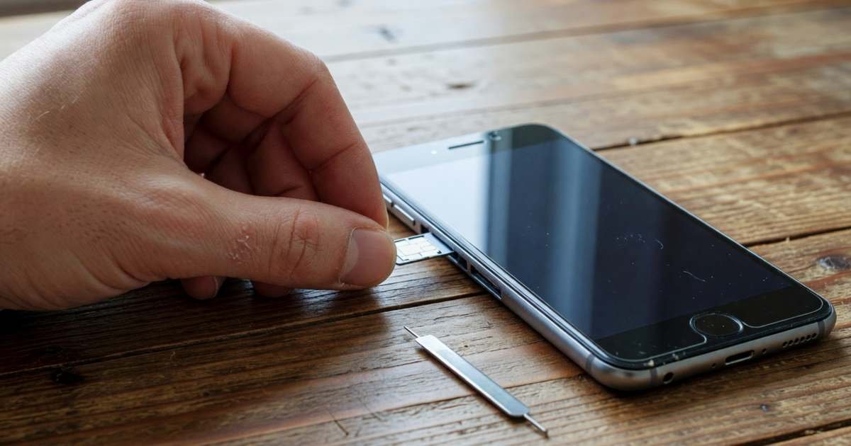 A hand sliding a tiny SIM card tray into the side of a slightly worn smartphone, illustrating bring-your-own-phone plans in Canada.