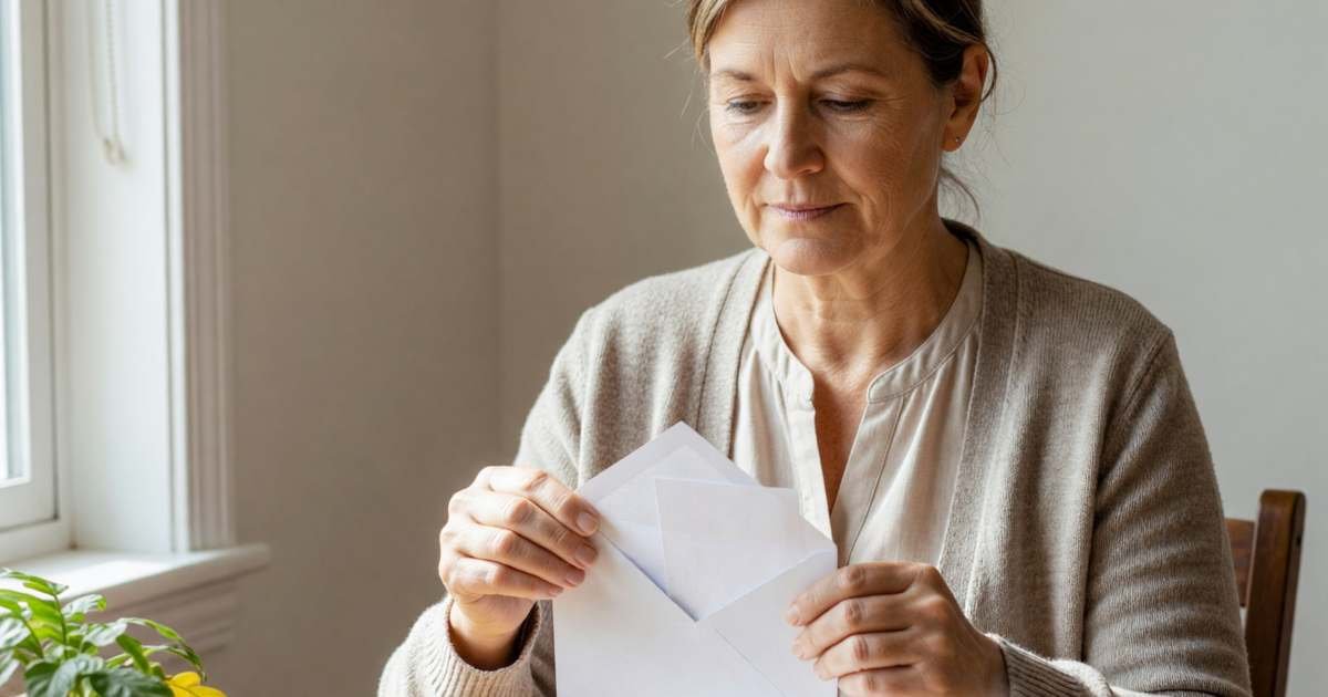 A retired woman at her kitchen table opening a plain envelope with a calm look, illustrating Ontario equal payment plans for electricity.