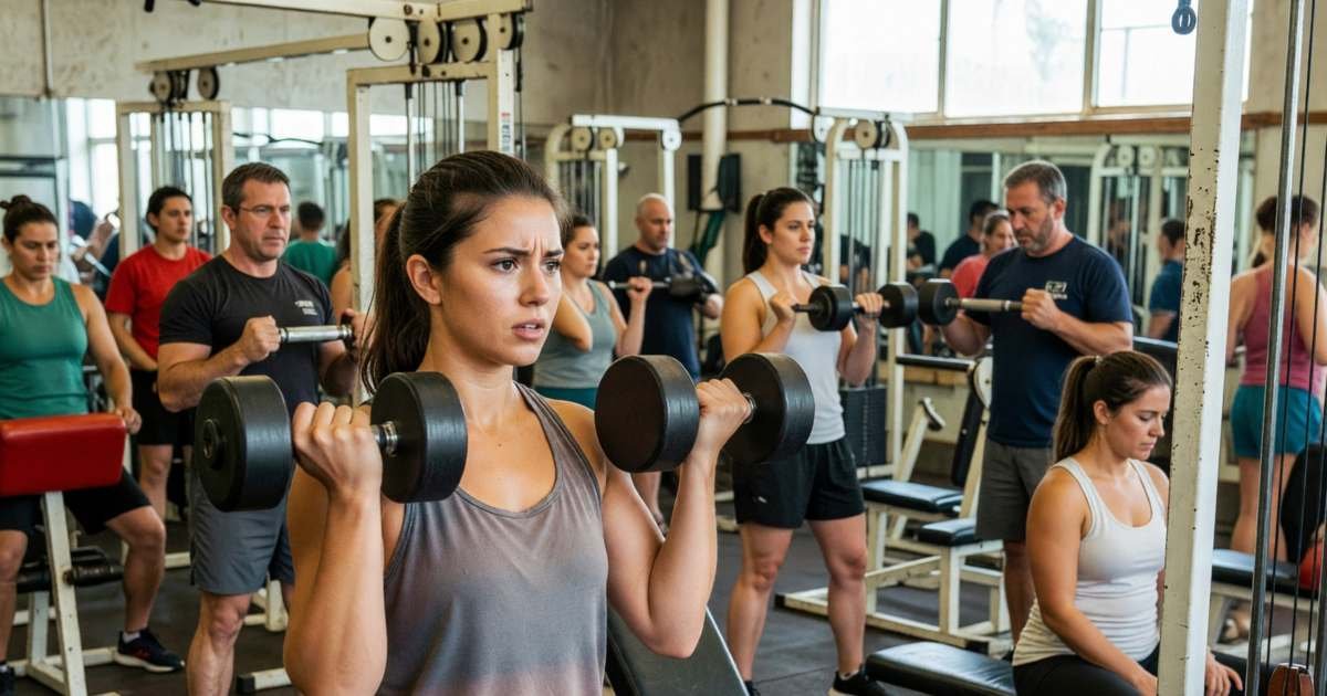A young woman lifting dumbbells in a busy budget gym, illustrating budget gyms in Canada, fees and cancel checklists.
