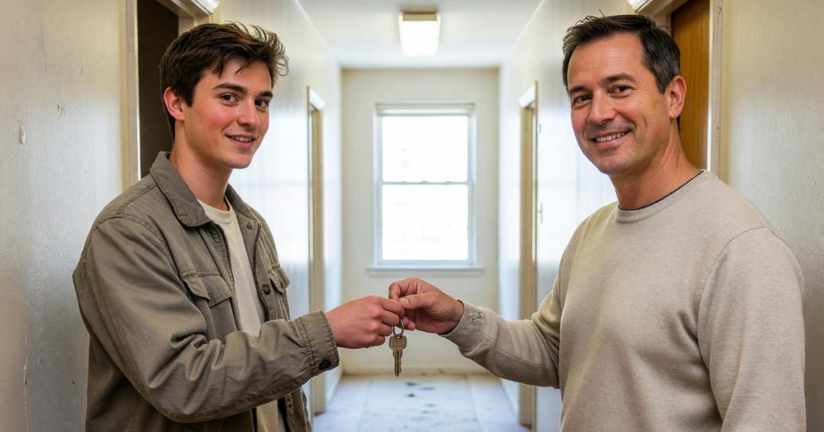 A newcomer to Canada in his twenties picking up the keys to his first apartment from a smiling landlord, illustrating building credit in Canada on a thin file.