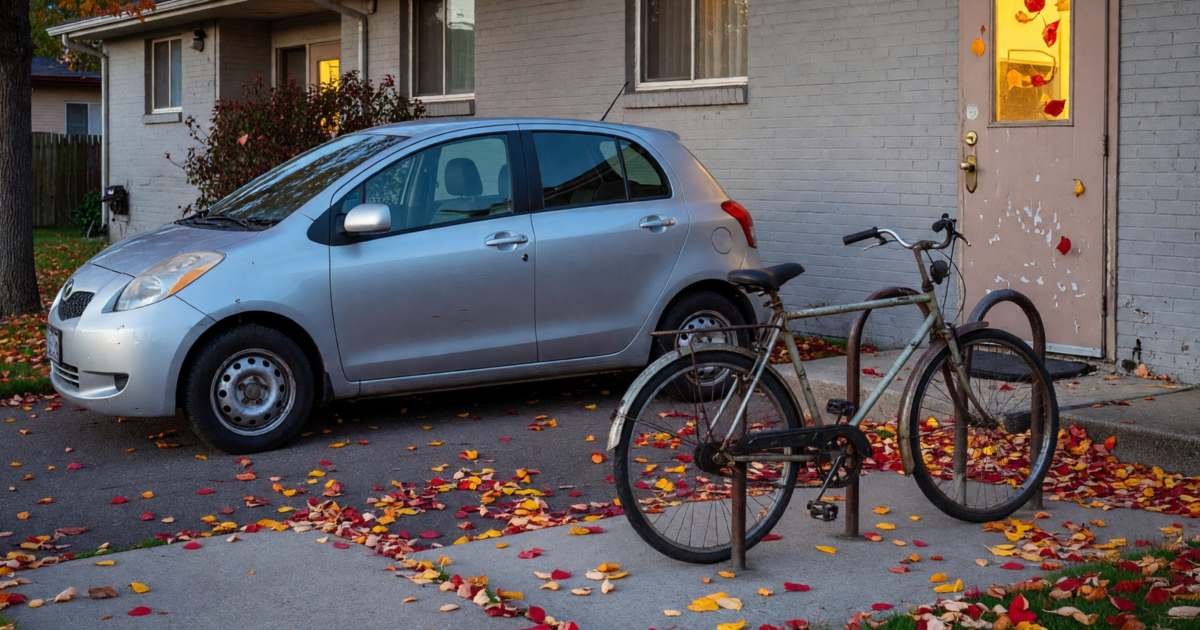 A small car parked nose-in beside a low-rise apartment building entrance, a bicycle locked near the door, illustrating bundling auto and home or tenant insurance in Canada.