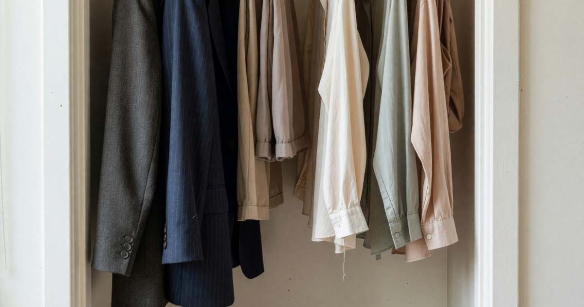 A small closet with a capsule of business-casual pieces, two blazers, neutral trousers and a few blouses on wooden hangers, illustrating a business-casual work wardrobe on a budget.