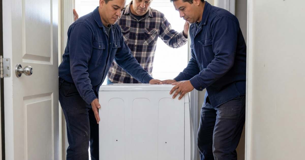 Two delivery workers carrying a new washing machine through the front door while the homeowner holds it open, illustrating buying a fridge, washer or dryer without overpaying on delivery and haul-away.
