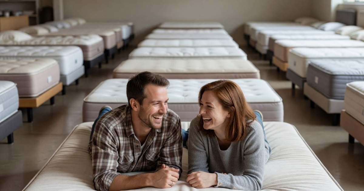 A couple lying on a mattress in a quiet showroom, testing it and laughing, illustrating buying a mattress in Canada without overpaying.