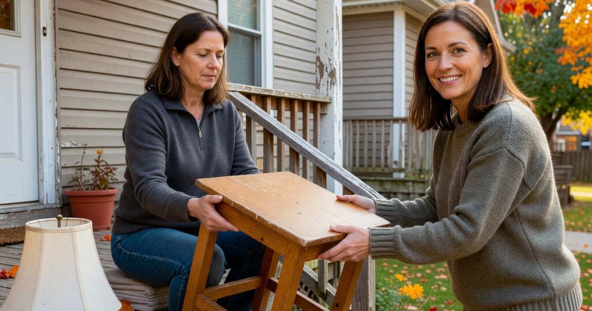 A woman handing a small wooden side table to a smiling neighbour on her front porch, illustrating Buy Nothing groups for free household items in Canada.