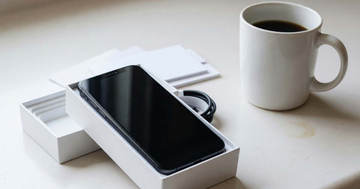 A new smartphone in a plain white box opened on a kitchen counter beside the cable and packaging, illustrating buying a phone direct from the manufacturer versus a carrier.