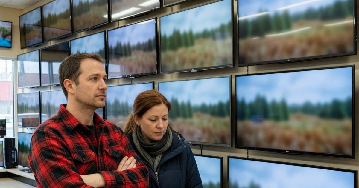 A couple standing in front of a wall of large flat-screen TVs in an electronics store, comparing them thoughtfully, illustrating buying a TV on Black Friday in Canada.