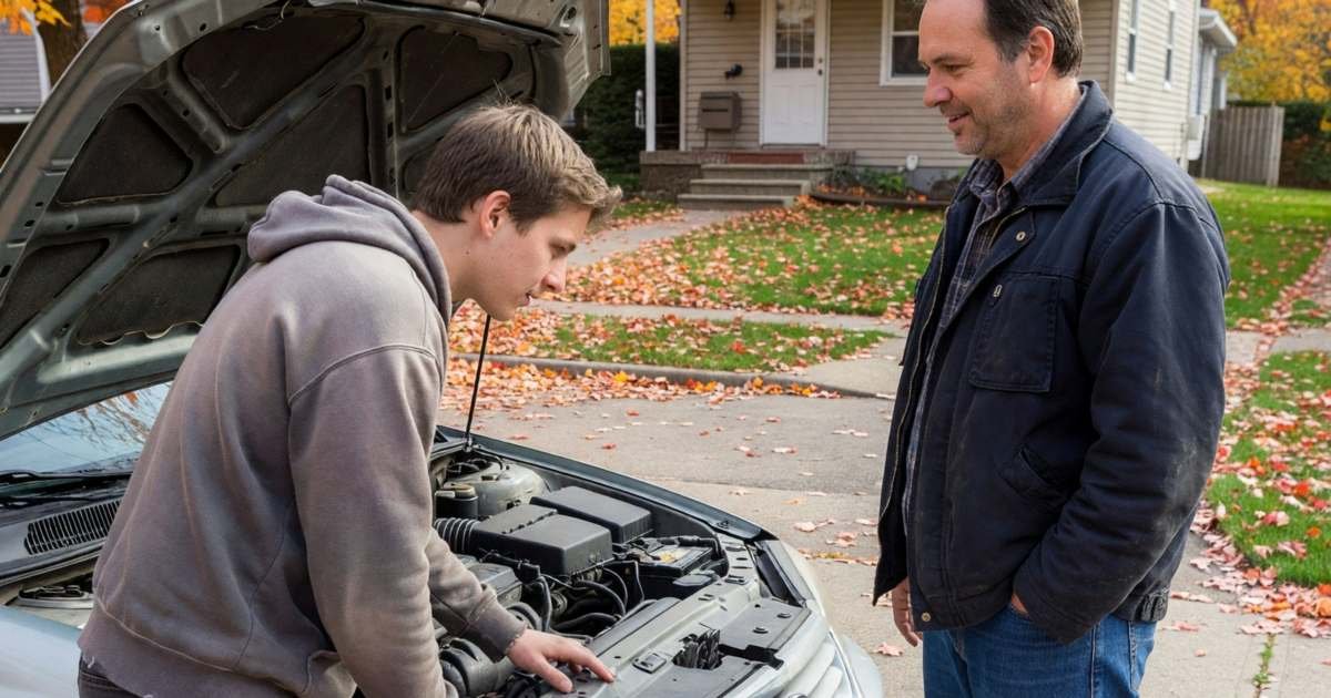 A young man looking under the hood of a used sedan in a private seller's driveway while the seller stands by, illustrating buying a used car privately in Canada.