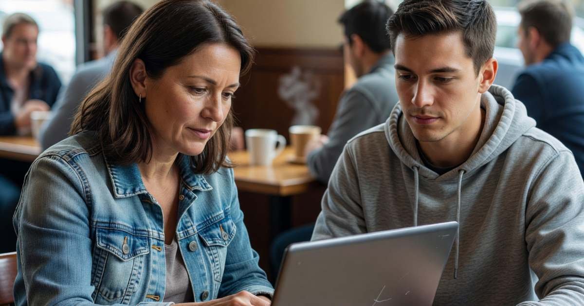Two people meeting in a busy coffee shop to exchange a used laptop, the buyer inspecting it, illustrating buying used electronics safely in Canada.