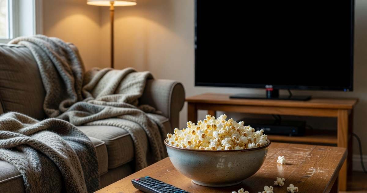 A living room movie night setup with a bowl of popcorn and a remote on a coffee table, TV off, illustrating buying versus renting digital movies.