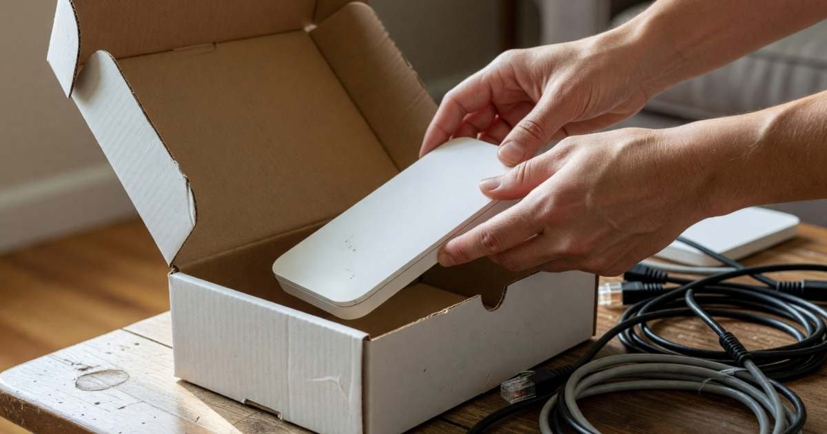 Hands unboxing a plain white modem from an unmarked cardboard box on a coffee table, illustrating buying versus renting a modem in Canada.