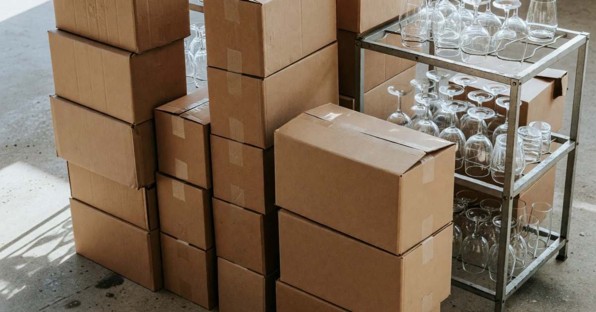 Cases of wine bottles and beer stacked on a garage floor beside rented glassware racks, illustrating buying your own wedding alcohol in Ontario.